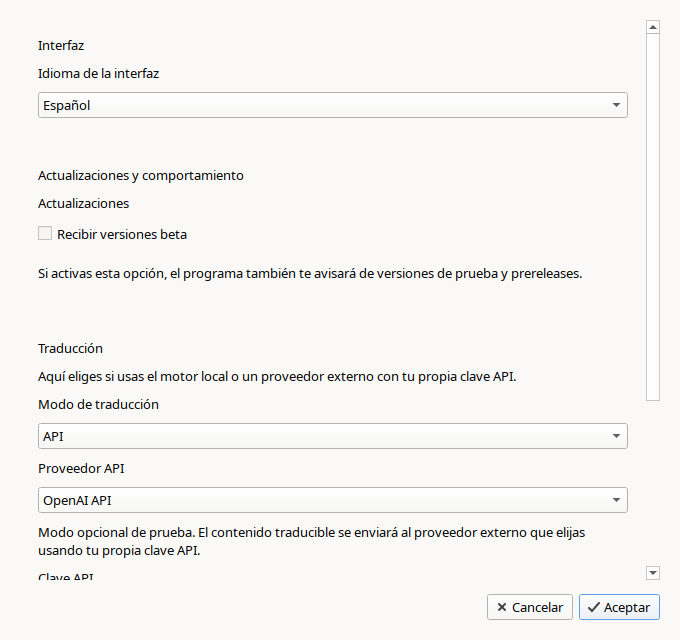 Ventana de configuración de la aplicación